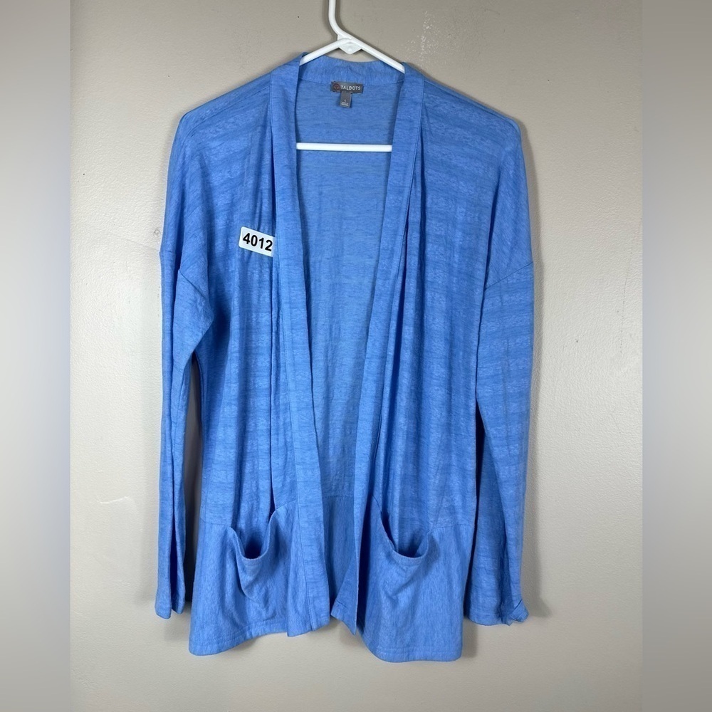 Talbots blue cardigan large stretch 28” length great condition blue